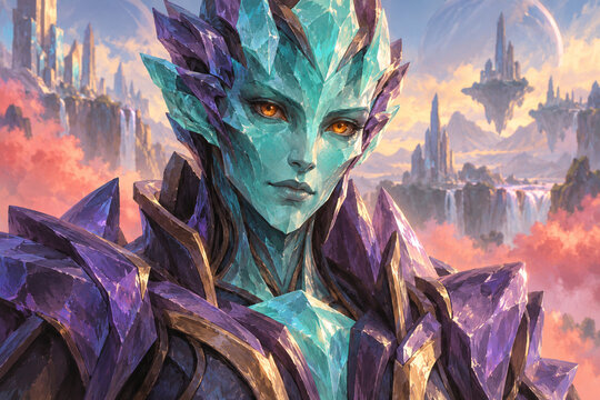 A centered close portrait of an original turquoise crystal sentinel with an angular face and amber eyes, framed by violet shoulder plates and coral mist. A vivid illustration with warm and cool color.