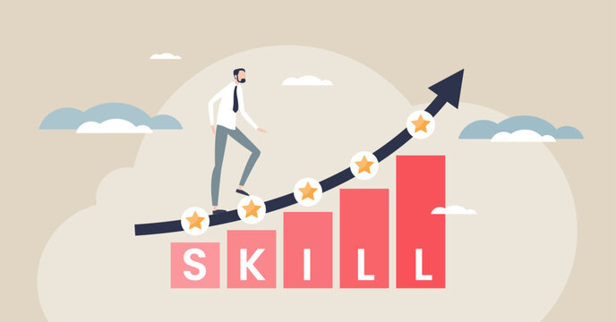 Leadership skills growth illustrated by a leader stepping up a rising bar chart and arrow, symbolizing progress and mastery, key objects, person, bar chart, arrow. Tiny style