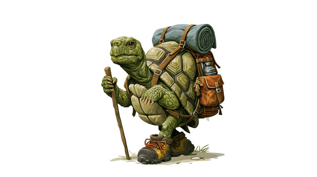 Turtle hiker with walking stick and backpack wilderness exploration