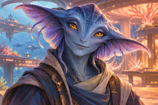 A centered close portrait of an original blue manta alien with luminous amber eyes and soft violet facial fins, gazing peacefully beneath coral station light. A vivid portrait with large color shapes.
