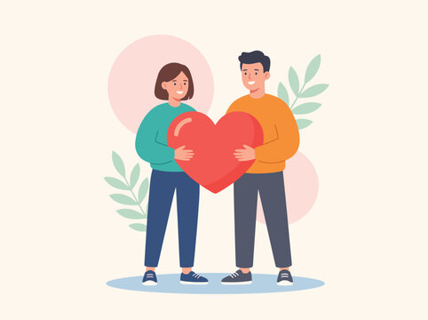 Happy Young Couple Holding A Big Red Heart Together In Love And Relationship Concept.