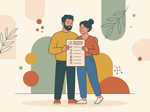 Happy young couple holding new home checklist document planning to move into house.