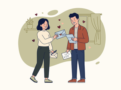 Young romantic couple exchanging handwritten love letters and envelopes with happy expressions.