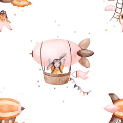 Pattern watercolor kids illustration with airships, animal cheetah rabbit pilots, clouds and bunting garland on isolated from background. Print for textile design fabrics baby clothing wallpaper © Linerisy