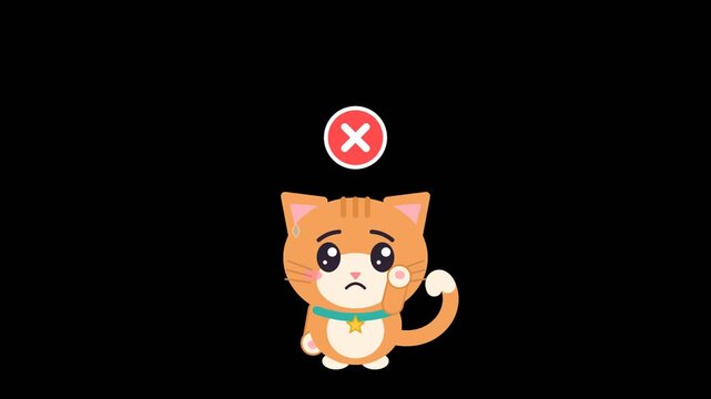 Cute orange kitten worried under a red cross mark, cartoon cat character seamless loop animation, transparent background