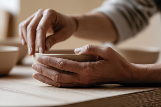 Close up of hands shaping a clay bowl, illustrating the intricate process of creating handmade pottery and the connection between artisan skills and artistic expression.