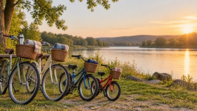 湖畔に並ぶバスケット付き自転車と夕暮れの風景写真