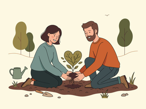 Young couple kneeling on ground and planting a heart shaped tree seedling together illustration.
