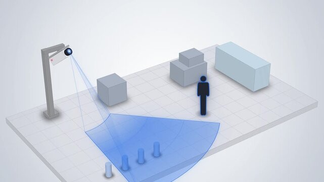 Isometric CCTV camera sweeping a blue view cone seamless loop
