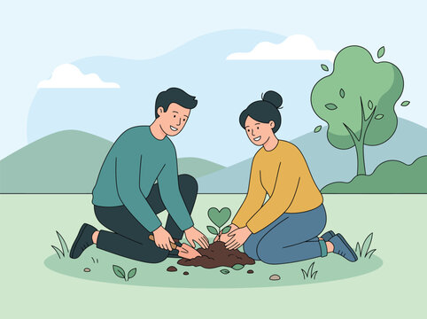 Young smiling couple kneeling together and planting small green sprout in ground.