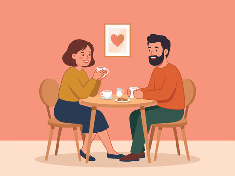 Vector cartoon illustration of a smiling couple sitting at a table in a cafe drinking coffee talking sharing food enjoying a romantic date morning breakfast tea