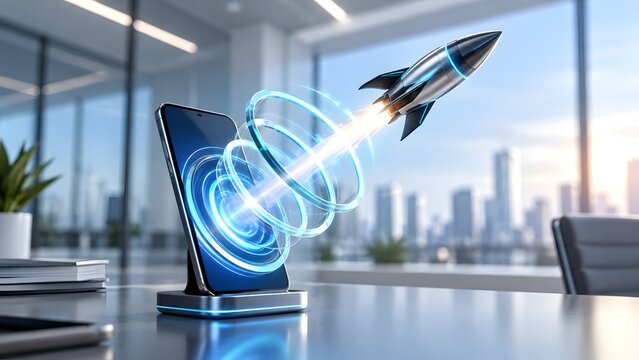 Futuristic rocket ship launching out of a mobile phone screen on a desk in a modern office interior