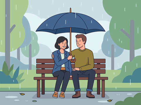 Romantic couple sitting together on a bench holding an umbrella in the rain.