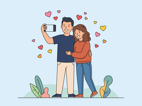 Happy Young Couple Taking A Selfie Together With Smartphone Floating Hearts Vector Illustration.