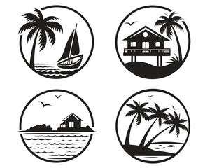 Fototapeta premium Create four circular black silhouette badges featuring an overwater bungalow, a tropical boat, a palm-lined beach, and a small island with birds. Use a minimalist white background with consistent 