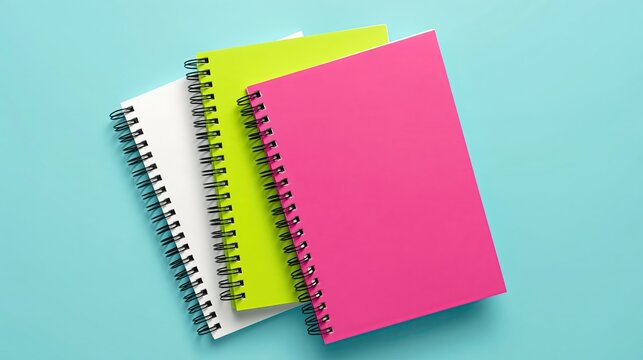 Three colorful spiral notebooks stacked in a staggered arrangement, concept of stationery and study notes