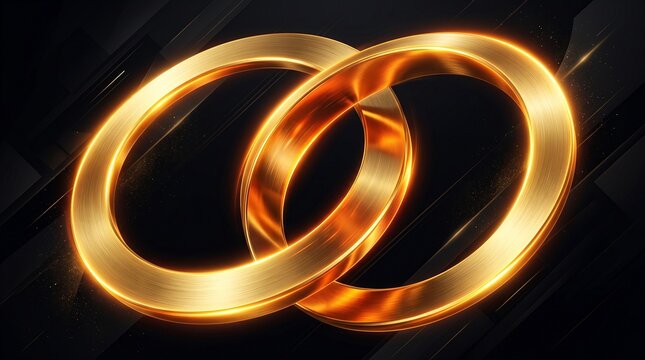 Two interlocking golden rings against a dark abstract background