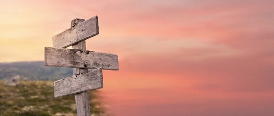 Fototapeta premium Blank Wooden Directional Signpost with Multiple Arrows Against a Beautiful Pink Sunset Sky, Concept of Choice, Decision Making and Path Selection with Large Negative Space for Text