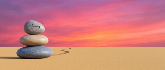 Fototapeta premium Balanced Zen Stone Stack with Carved Directional Arrow on Sand at Sunset, Winding Path Leading to Horizon in Desert Landscape with Ample Negative Space for Copy