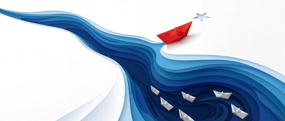 Fototapeta premium Red Paper Boat Breaking Away From the Crowd of White Boats Towards a Star Symbolizing Leadership Success Business Innovation and Unique Visionary Strategy in Paper Cut Style Illustration