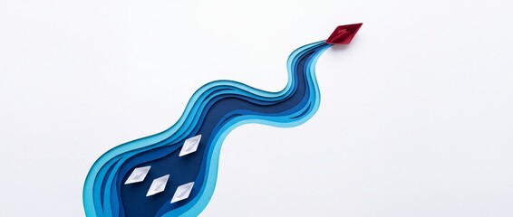 Fototapeta premium Red paper boat leading a group of white paper boats along a winding blue layered paper cut river, conceptual illustration of leadership, business success, individuality, and strategic vision.