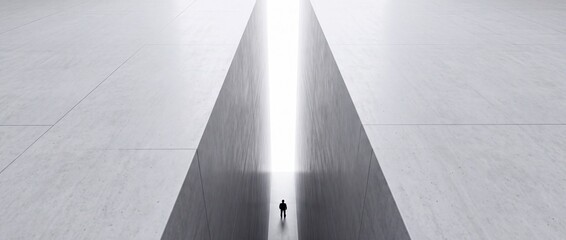 Fototapeta premium Minimalist high angle view of a businessman standing between massive concrete walls towards a bright light, symbolizing career challenges, perspective shift, and the path to future success.