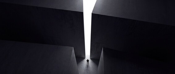 Fototapeta premium Cinematic Conceptual Image of a Tiny Person Standing Before Massive Dark Concrete Monoliths with Bright Light Shining Through a Narrow Vertical Gap Representing Hope, Breakthrough, and Discovery
