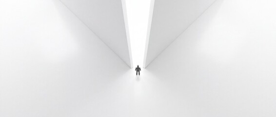 Fototapeta premium Minimalist 3D Illustration of a Tiny Human Figure Standing Before a Massive Glowing Gateway with Perspective Shift, Representing New Beginnings, Future Opportunities, and Infinite Possibilities