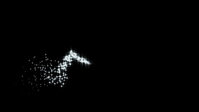 Magical wavy white glitter star trail animation with zigzag twinkle particle stream and glowing fairy dust path overlay isolated on black background for video in 4k.