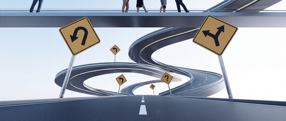 Fototapeta premium Conceptual illustration of a complex winding road network with confusing traffic signs and business people standing on an overpass representing strategic decision making and perspective shift