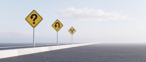 Fototapeta premium Conceptual image of yellow road signs on an asphalt highway representing uncertainty and decision making with a U-turn question mark symbol and a fork in the road under a misty sky.