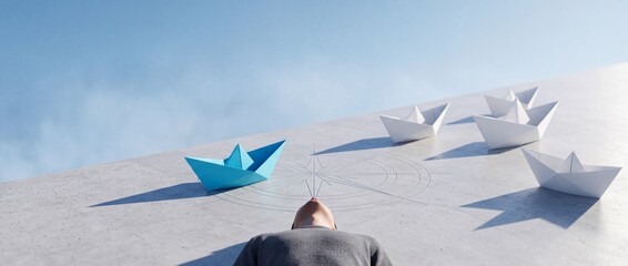 Fototapeta premium Visionary Blue Paper Boat Changing Direction and Leading the Way on a Compass Surface Under Clear Blue Sky, Symbolizing Leadership, Strategic Business Perspective Shift and Innovative Success