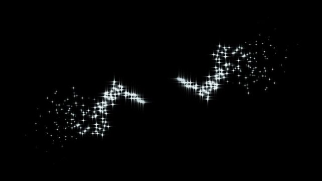 Shining white twinkle stars double arc motion effect with magical fairy dust center burst trail and glowing glitter particle path overlay isolated on black screen in 4k.