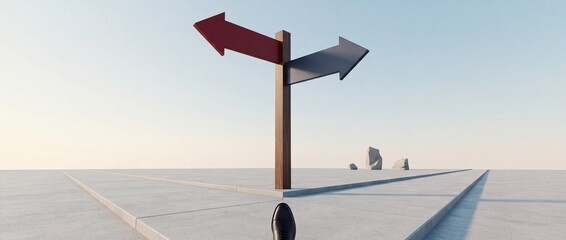 Fototapeta premium Concept of decision making and choosing direction, featuring a person's point of view standing before a wooden signpost with red and black arrows against a minimalist clear sky background.