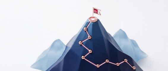Fototapeta premium 3D Render Concept of Business Success and Achievement Showing a Path with Milestones Leading to a Flag at the Mountain Peak Representing Strategic Growth, Career Goals, and Reaching the Top
