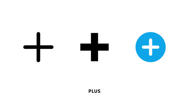 Three plus sign including a thin black outline, a solid black cross, and a white plus symbol inside a blue circle on white