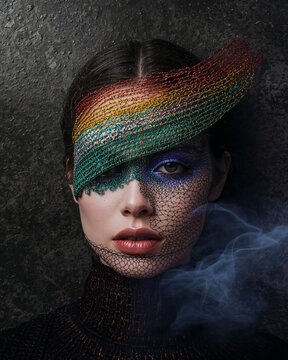 Avant-garde beauty portrait of woman wearing colorful wire mesh headpiece and creative makeup with smoke effect on dark background