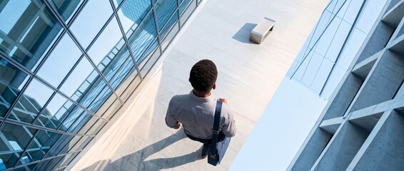 Fototapeta premium High-angle shot of a businessman with a messenger bag walking through a modern urban plaza with glass office buildings, representing professional growth, daily commute, and corporate lifestyle.