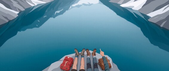 Fototapeta premium Perspective view of two hikers sitting on a mountain cliff edge overlooking a vast blue glacial lake and snowy peaks, feet dangling over the heights with backpacks beside them, vector illustration.