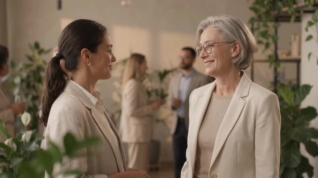 Two women talk face to face during an admin night meetup in a bright coworking space, with other adults socializing nearby in the background among indoor plants and warm neutral decor.