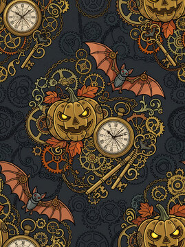Steampunk Halloween seamless pattern with mechanical jack-o'-lantern pumpkin, clockwork gears, pocket watch, brass key, and mechanical bat vector illustration.