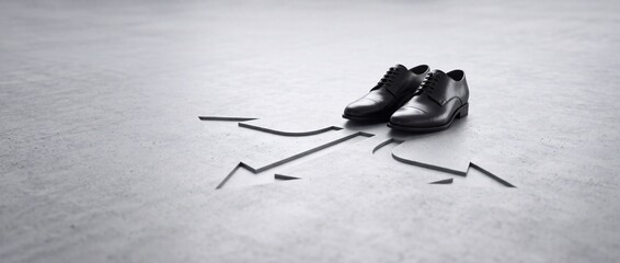 Fototapeta premium Conceptual image of a pair of black leather business shoes standing at a crossroads with multiple directional arrows carved into a concrete floor, symbolizing career choices and decision making.