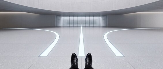 Fototapeta premium First person view of a businessman in black formal shoes sitting in a futuristic minimalist white lobby with glowing light lines on the floor, modern corporate interior design concept