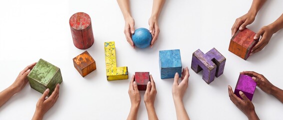 Fototapeta premium Top view of diverse hands arranging colorful distressed wooden geometric blocks on a white background, symbolizing perspective shift, creative teamwork, strategy, collaboration, and problem-solving.