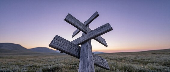 Fototapeta premium Wooden Multi-Directional Signpost at Twilight in a Vast Mountainous Tundra Landscape, Conceptual Image of Navigation, Choice, and Adventure Exploration in the Remote Wilderness at Dawn.