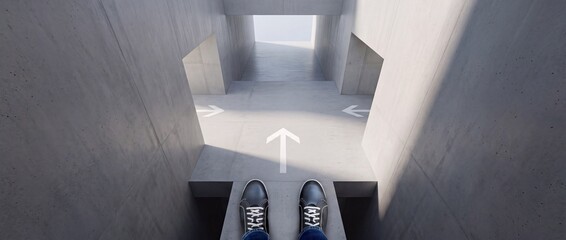 Fototapeta premium First person point of view of a person wearing casual shoes standing in front of three white directional arrows on a concrete floor, representing decision making, choice, and future career path.