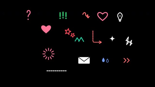 doodle animation motion element icon set with glowing neon hearts stars and sparkles on a black background