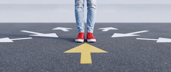 Fototapeta premium Person wearing red sneakers standing on asphalt road at a crossroads with multiple white arrows and one distinct yellow arrow pointing forward representing choice, decision, and a new perspective.