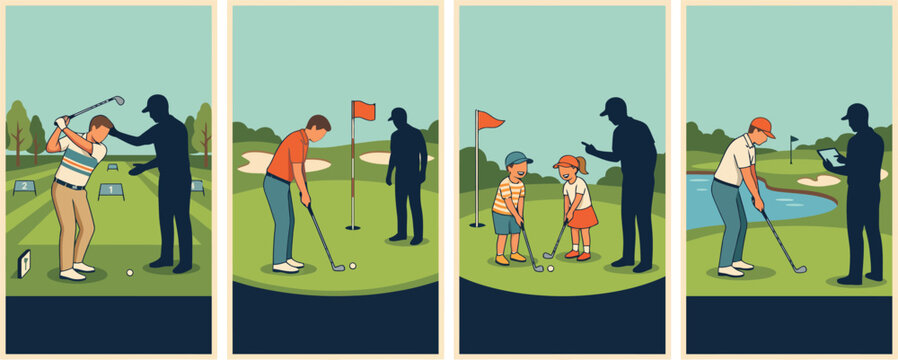 Golf training sessions for adults and children with instructors and practice course elements