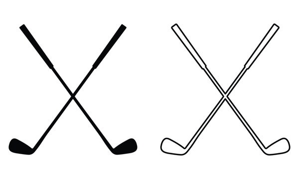 Minimalist crossed golf club icons in black silhouette and outline styles convey competitive spirit on a clean white background.